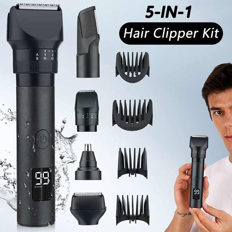 Beard Trimmer Cordless - เครื่องตัดผมไร้สาย 5-in-1 พร้อมหน้าจอ LED สำหรับผู้ชาย เครื่องเล็มหนวด/ขนจมูก