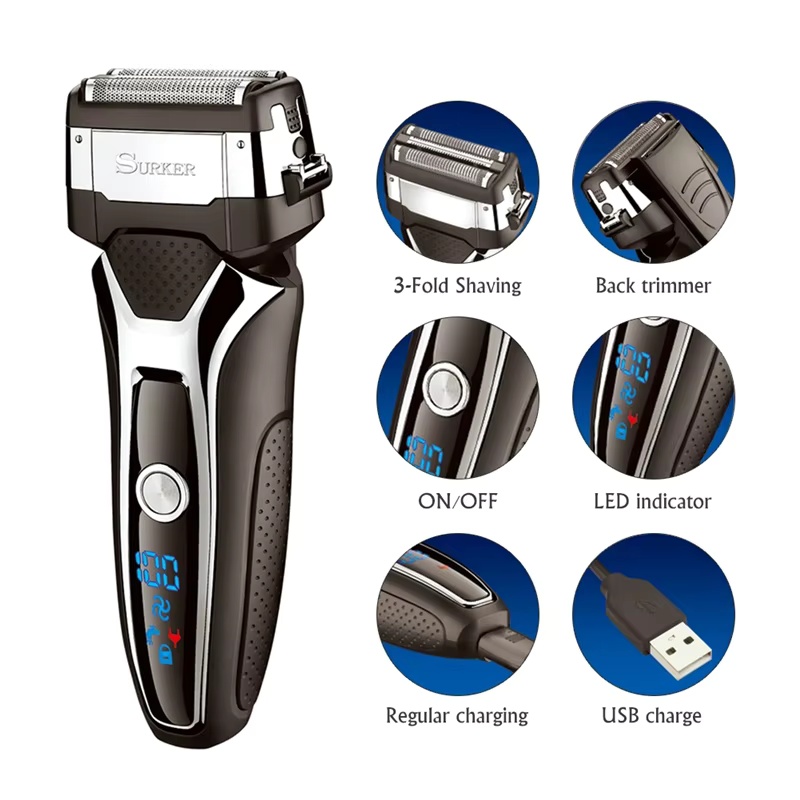 Men'S Grooming Blade - Surker เครื่องโกนหนวดไฟฟ้าสําหรับผู้ชายแบบชาร์จไฟได้อัจฉริยะมีดโกนล้างทําความสะอาดได้จอแสดงผล LCD แบบดิจิตอลเครื่องโกนหนวด
